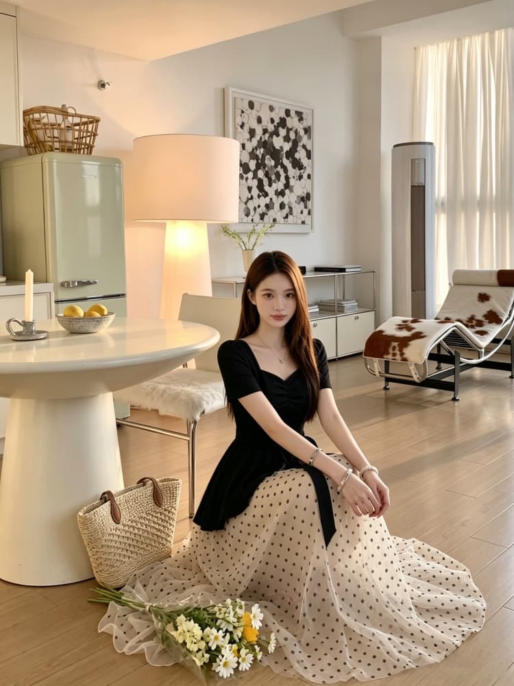 빅 사이즈 프랑스식 그는 벤 바람 드레스 여름 지방 mm 슬림해 보이는 페이크 레이어드 광장 칼라 고급 센스 도트 무늬 패치워크 치마 상세 이미지 14