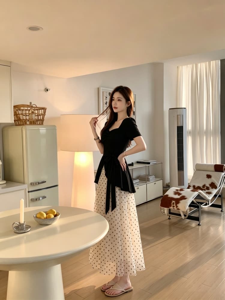 빅 사이즈 프랑스식 그는 벤 바람 드레스 여름 지방 mm 슬림해 보이는 페이크 레이어드 광장 칼라 고급 센스 도트 무늬 패치워크 치마 상세 이미지 18