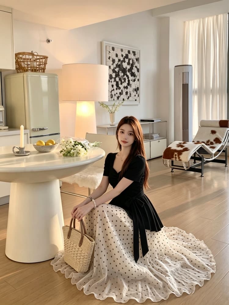 빅 사이즈 프랑스식 그는 벤 바람 드레스 여름 지방 mm 슬림해 보이는 페이크 레이어드 광장 칼라 고급 센스 도트 무늬 패치워크 치마 상세 이미지 21