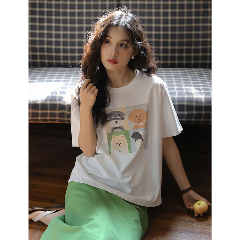 둘째 머리카락 실사 여름 새로운 문예 강아지 만화 프린트 캐주얼 라운드 넥 티셔츠 맨위 여성 이미지 5