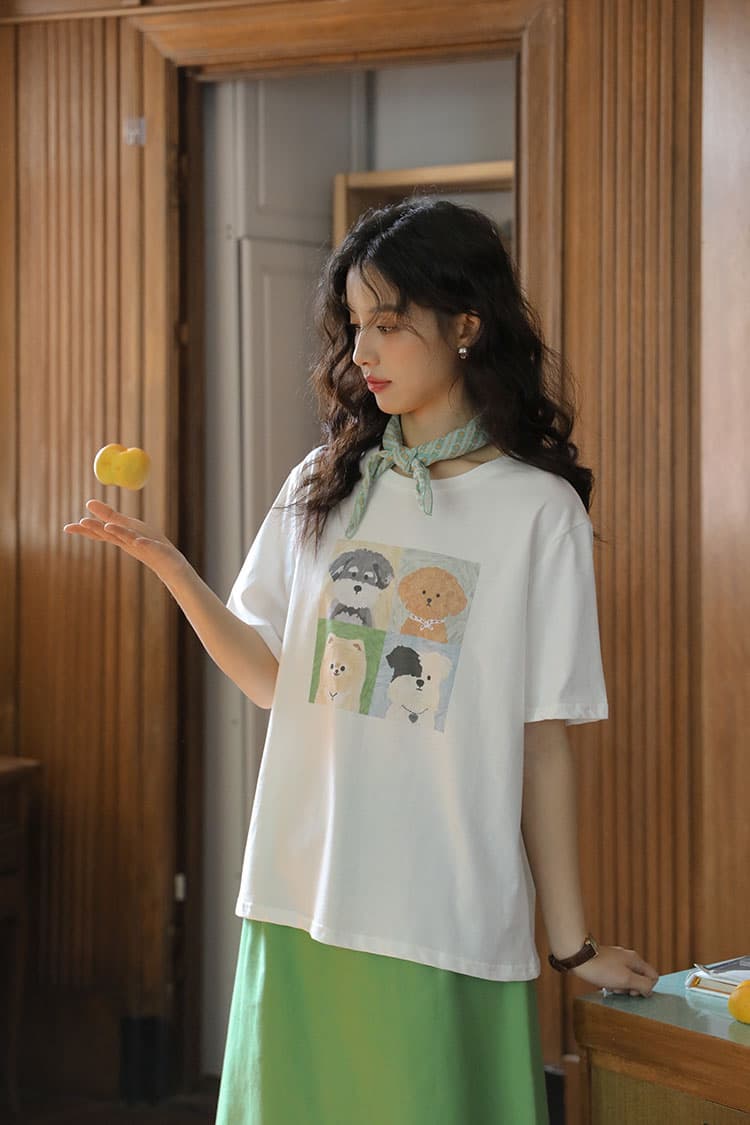 둘째 머리카락 실사 여름 새로운 문예 강아지 만화 프린트 캐주얼 라운드 넥 티셔츠 맨위 여성 상세 이미지 4