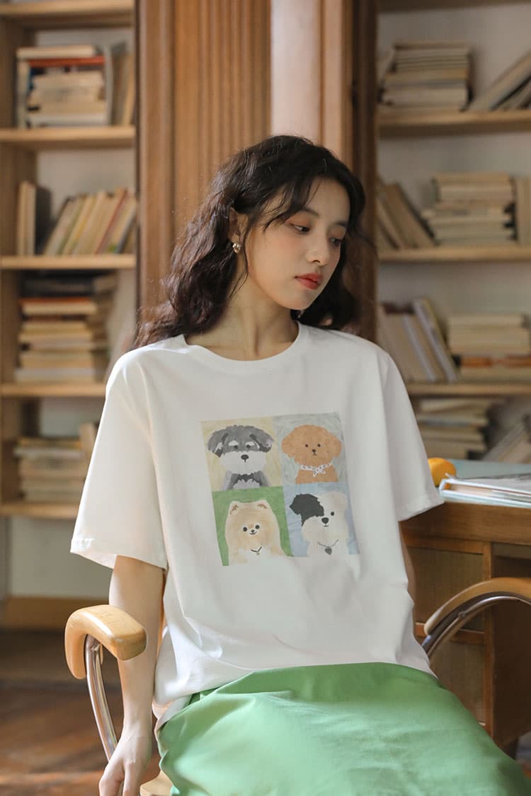 둘째 머리카락 실사 여름 새로운 문예 강아지 만화 프린트 캐주얼 라운드 넥 티셔츠 맨위 여성 상세 이미지 7