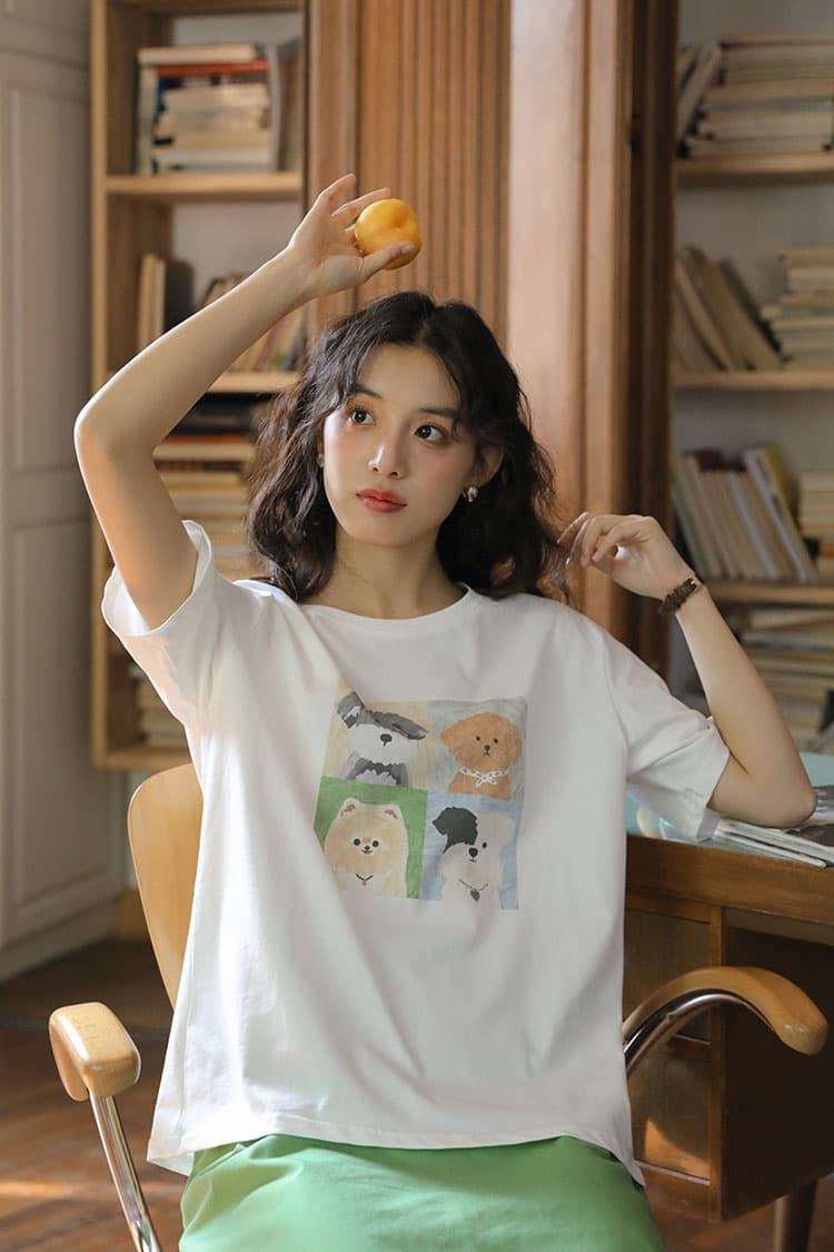 둘째 머리카락 실사 여름 새로운 문예 강아지 만화 프린트 캐주얼 라운드 넥 티셔츠 맨위 여성 상세 이미지 10