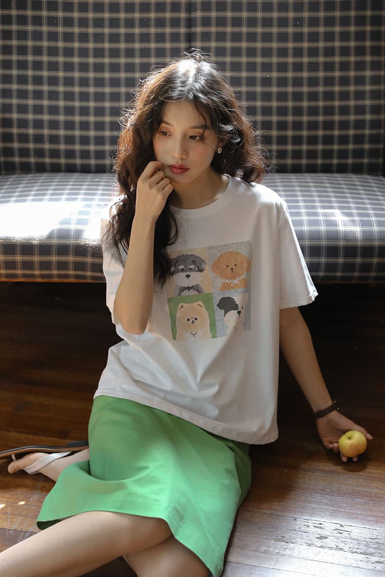 둘째 머리카락 실사 여름 새로운 문예 강아지 만화 프린트 캐주얼 라운드 넥 티셔츠 맨위 여성 상세 이미지 15