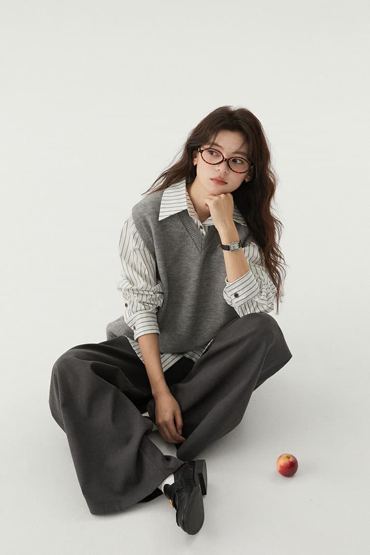 실사 출퇴근 품격 캐주얼 루즈핏 회색 명중 Pleat 하이웨이스트 정장 바지 여성 상세 이미지 18