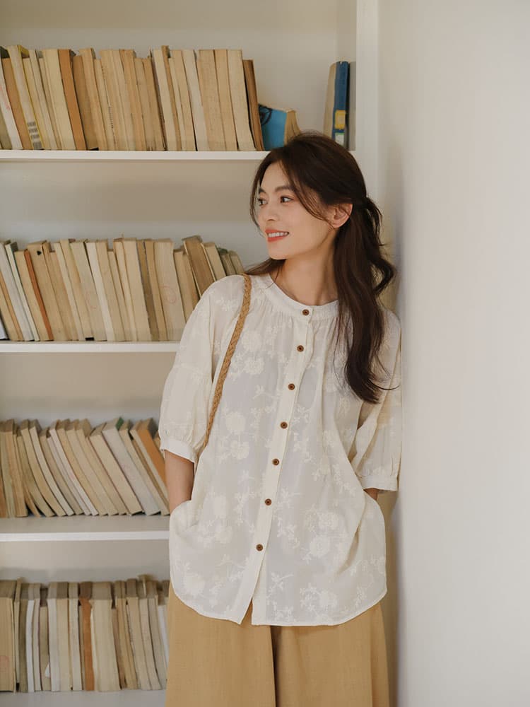 실사 여름 새로운 문예 다용도 면 자수 셔츠 맨위 여성 상세 이미지 9