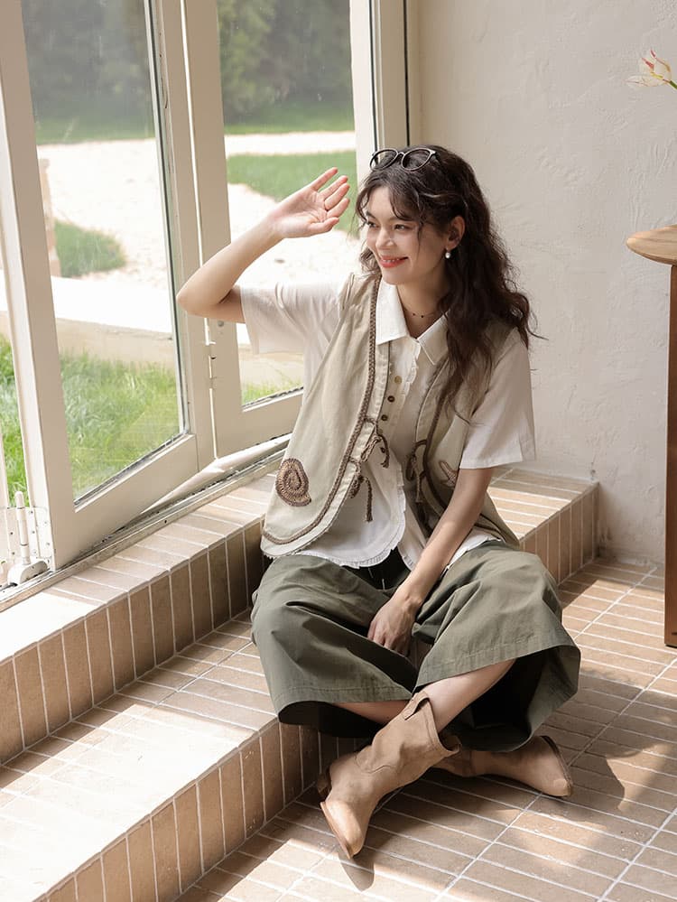 실사 여름 새로운 일본식 하이웨이스트 슬림해 보이는 넓은 다리 군용 녹색 중 긴 바지 여성 상세 이미지 5