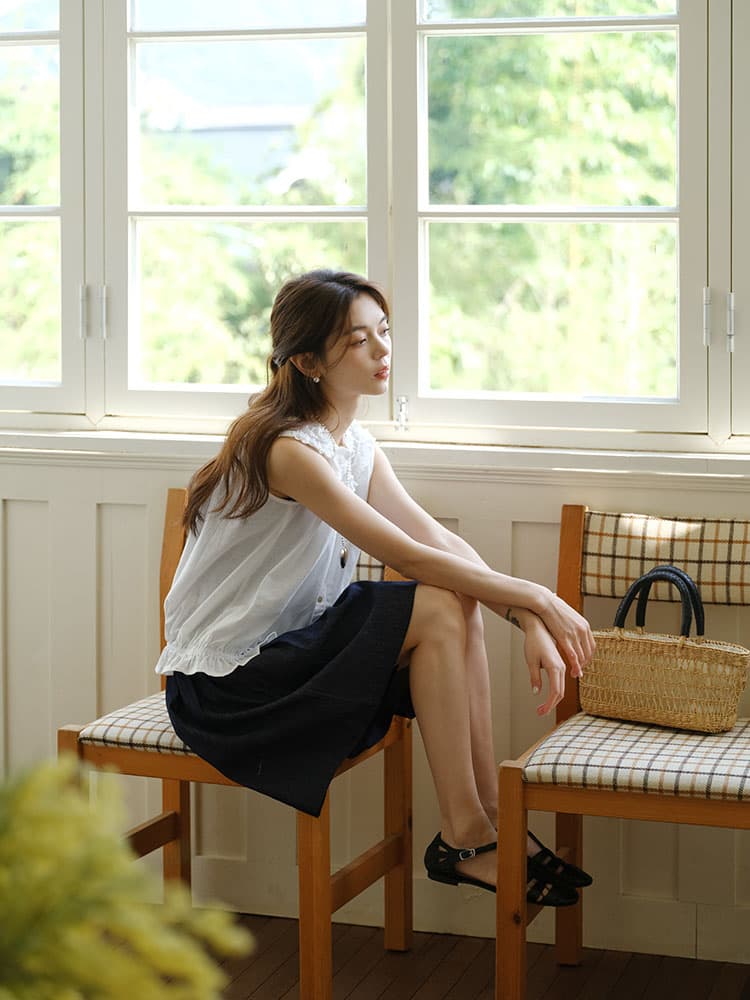 실사 여름 새로운 문예 레이스 라운드 넥 민소매 작은 셔츠 맨위 여성 상세 이미지 8