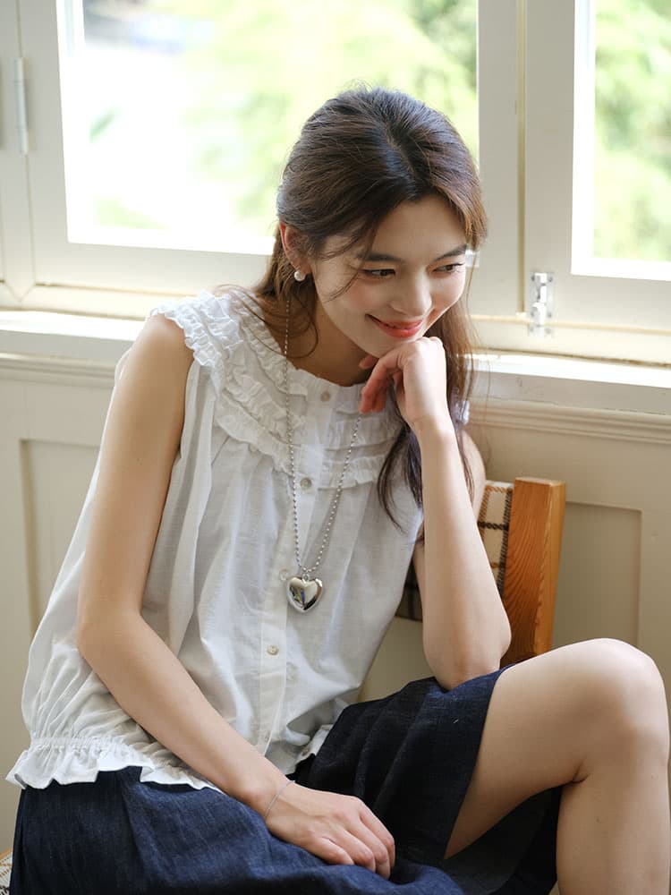 실사 여름 새로운 문예 레이스 라운드 넥 민소매 작은 셔츠 맨위 여성 상세 이미지 11