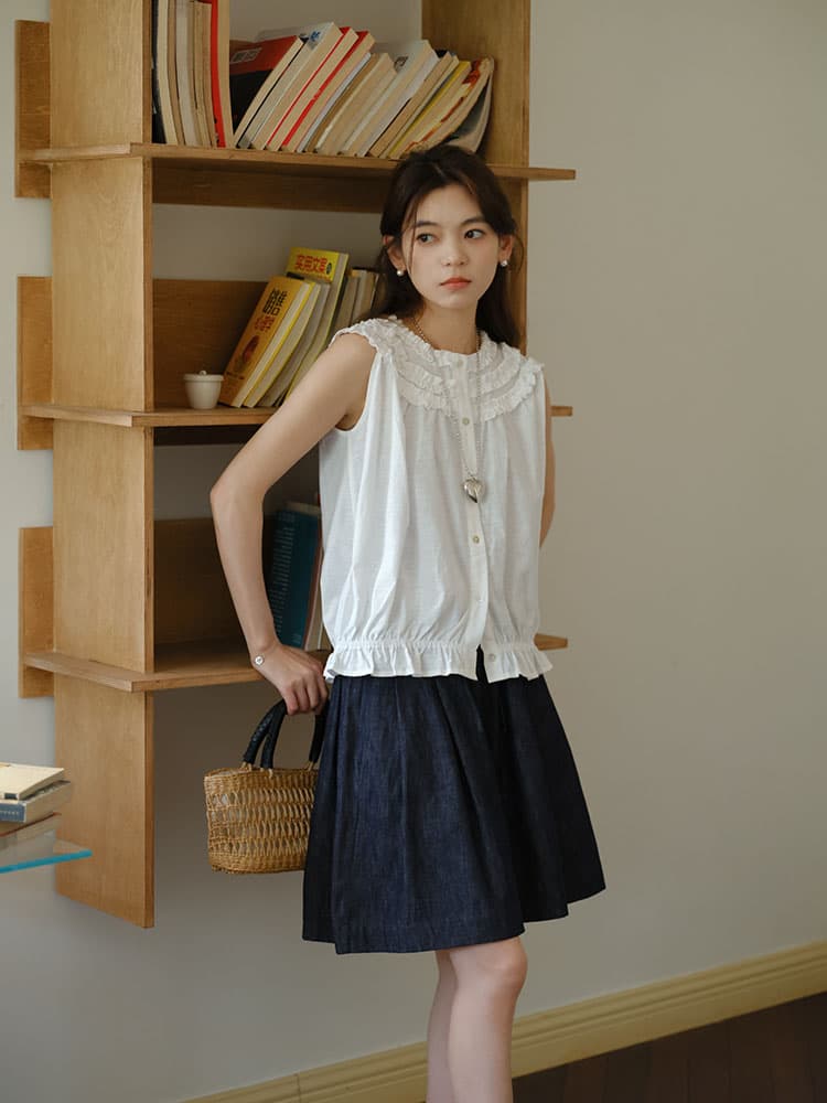 실사 여름 새로운 문예 레이스 라운드 넥 민소매 작은 셔츠 맨위 여성 상세 이미지 14