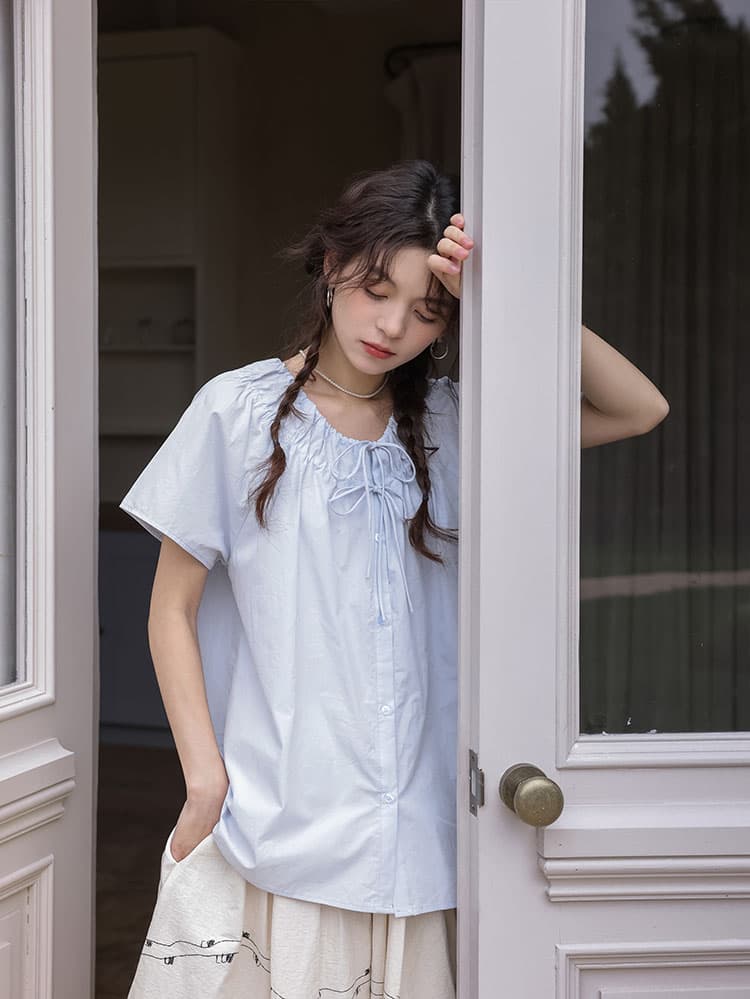 실사 여름 새로운 문예 슬림해 보이는 셔츠 맨위 여성 상세 이미지 15