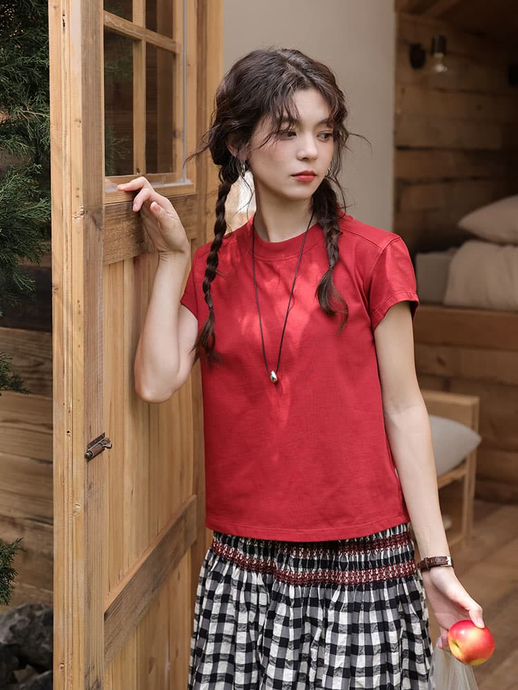 실사 여름 새로운 문예 레트로 빨간색 긍정적 인 어깨 디스플레이 티셔츠 맨위 여성 상세 이미지 7