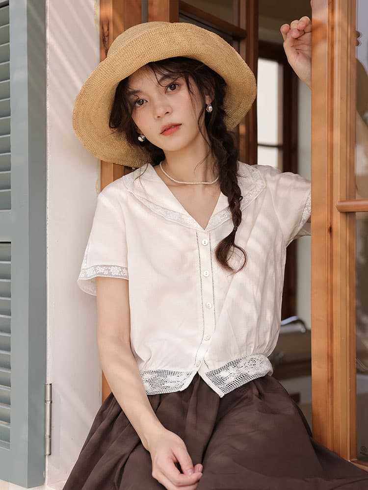 실사 여름 새로운 문예 슬림해 보이는 폴로 칼라 V 넥 셔츠 맨위 여성 상세 이미지 21