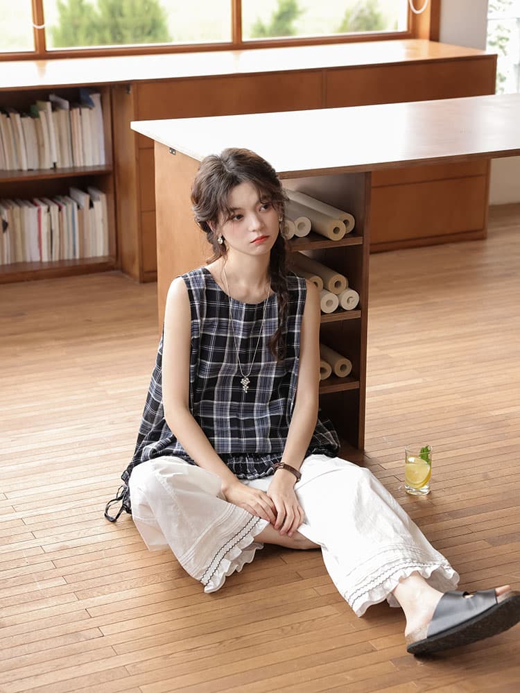 실사 여름 새로운 문예 레트로 밑단 배색 스트레이트 팬츠 여성 상세 이미지 34