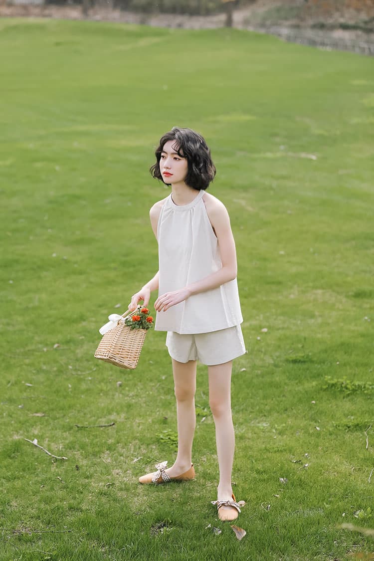 폭발 둘째 머리카락 실사 여름 새로운 한 바람 chic 귀여운 슬림해 보이는 아마 행침 목 조끼 반바지 세트 상세 이미지 6