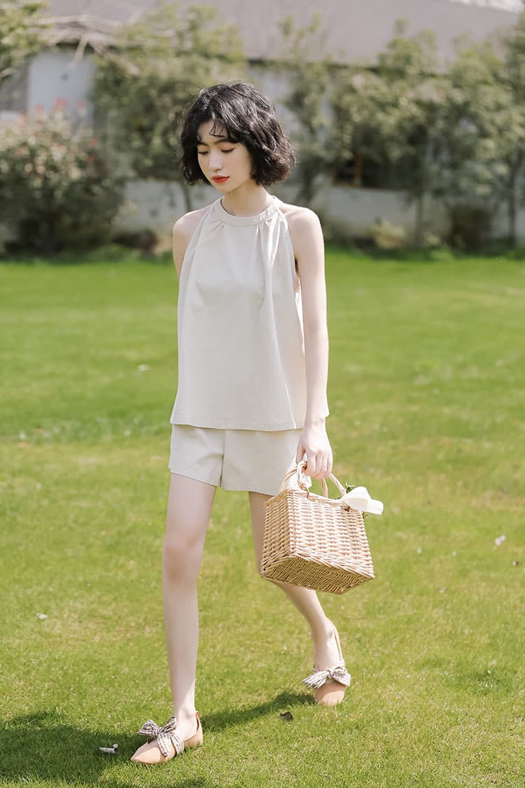 폭발 둘째 머리카락 실사 여름 새로운 한 바람 chic 귀여운 슬림해 보이는 아마 행침 목 조끼 반바지 세트 상세 이미지 11