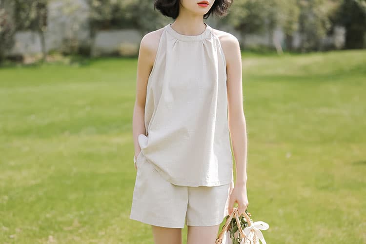 폭발 둘째 머리카락 실사 여름 새로운 한 바람 chic 귀여운 슬림해 보이는 아마 행침 목 조끼 반바지 세트 상세 이미지 14