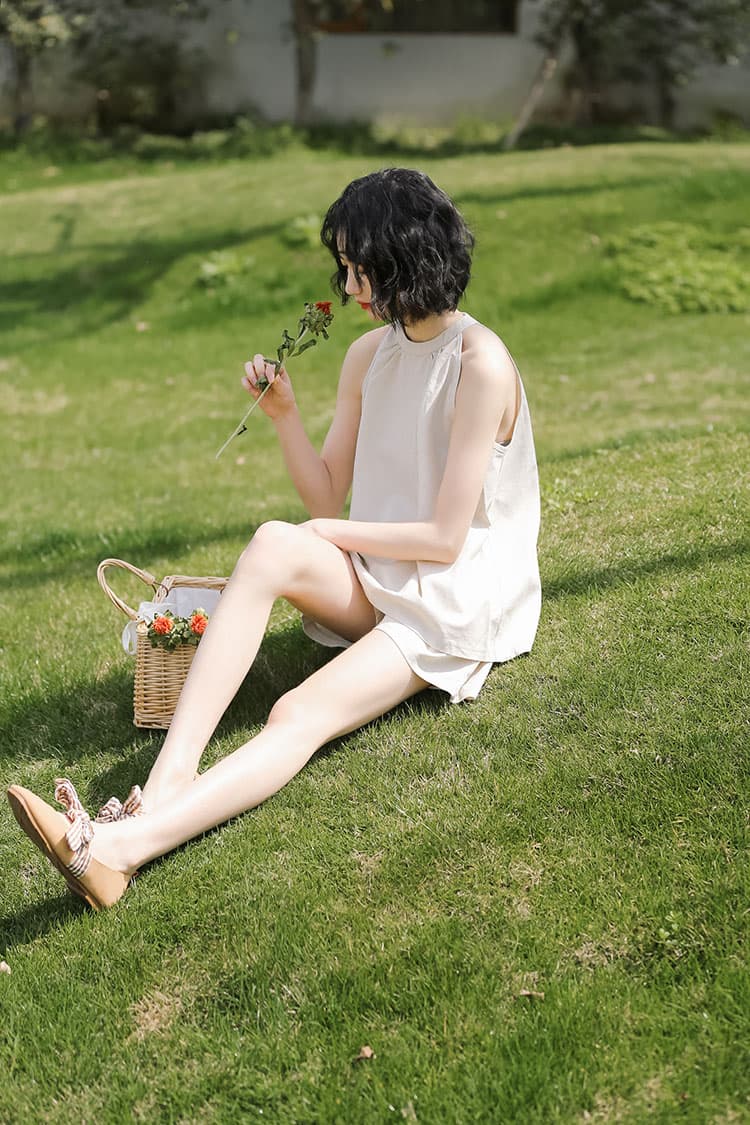 폭발 둘째 머리카락 실사 여름 새로운 한 바람 chic 귀여운 슬림해 보이는 아마 행침 목 조끼 반바지 세트 상세 이미지 20