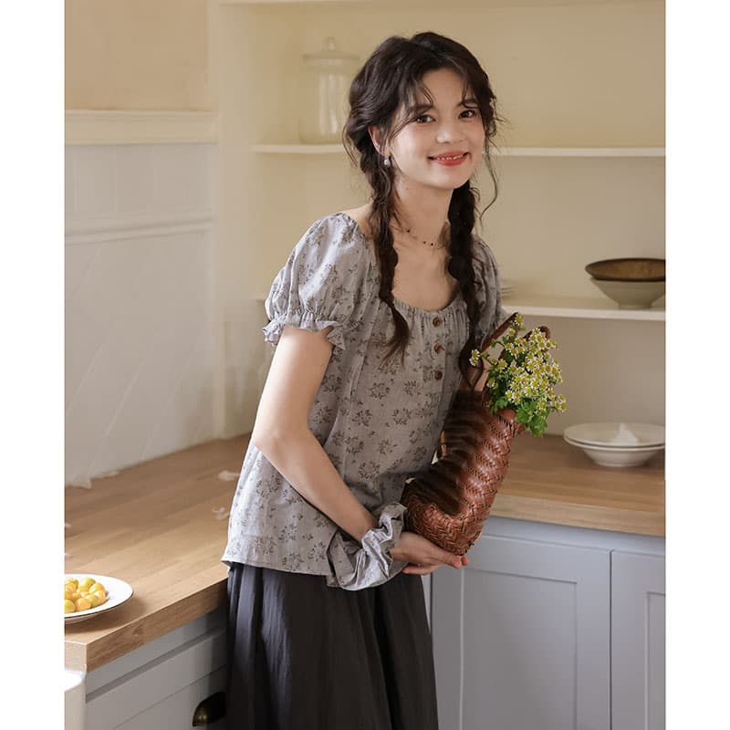 실사 여름 새로운 문예 품격 셔츠 광장 칼라 면 소재 통기성 꽃무늬 셔츠 맨위 여성