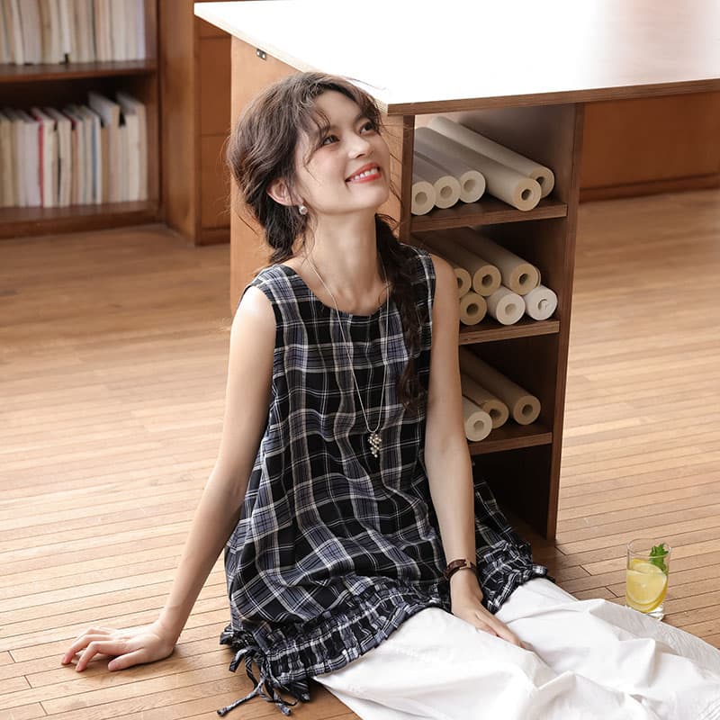 실사 여름 새로운 문예 체크무늬 레이스 라운드 넥 셔츠 맨위 여성