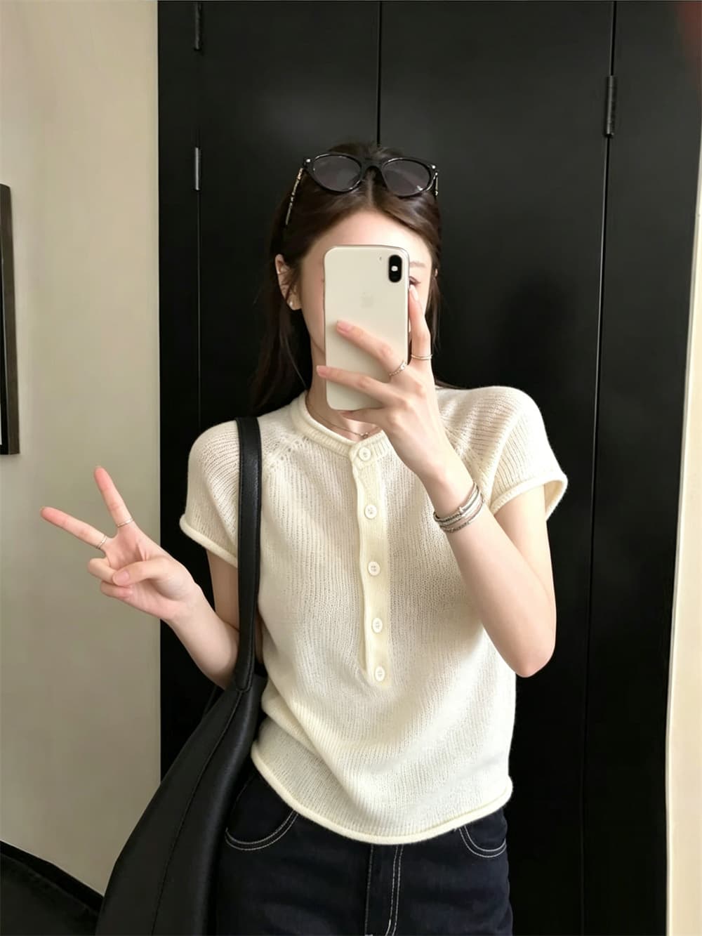 실사 정가 삽입 어깨 소매 미니멀리즘 반팔 티셔츠 여성 봄 여름 고급 센스 출퇴근 캐주얼 다용도 니트 스웨터 상세 이미지 1