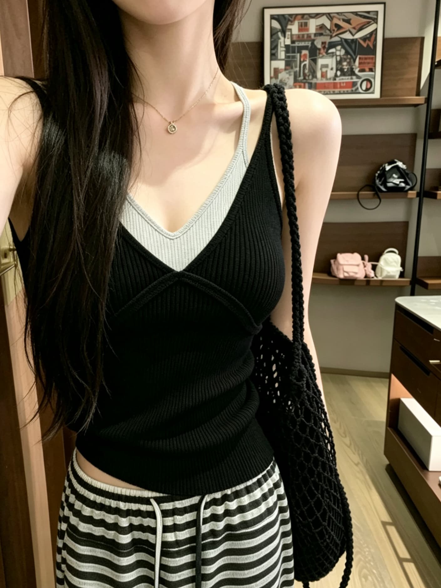 실사 정가 행침 목 V넥 페이크 레이어드 니트 민소매 조끼 여성 여름 달콤한 매운맛 몸매 가꾸기 슬립 맨위 상세 이미지 11