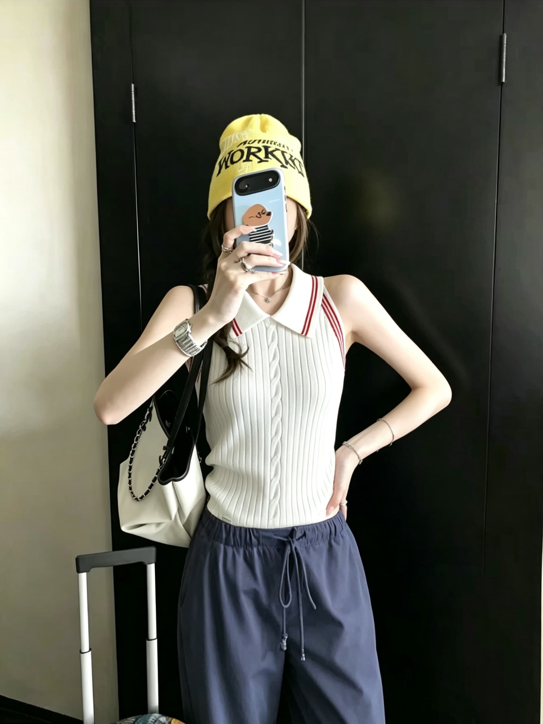 실사 정가 디자인 센스 레트로 꽈배기 배색 스트라이프 POLO 칼라 민소매 조끼 여성 여름 슬림해 보이는 맨위 상세 이미지 7