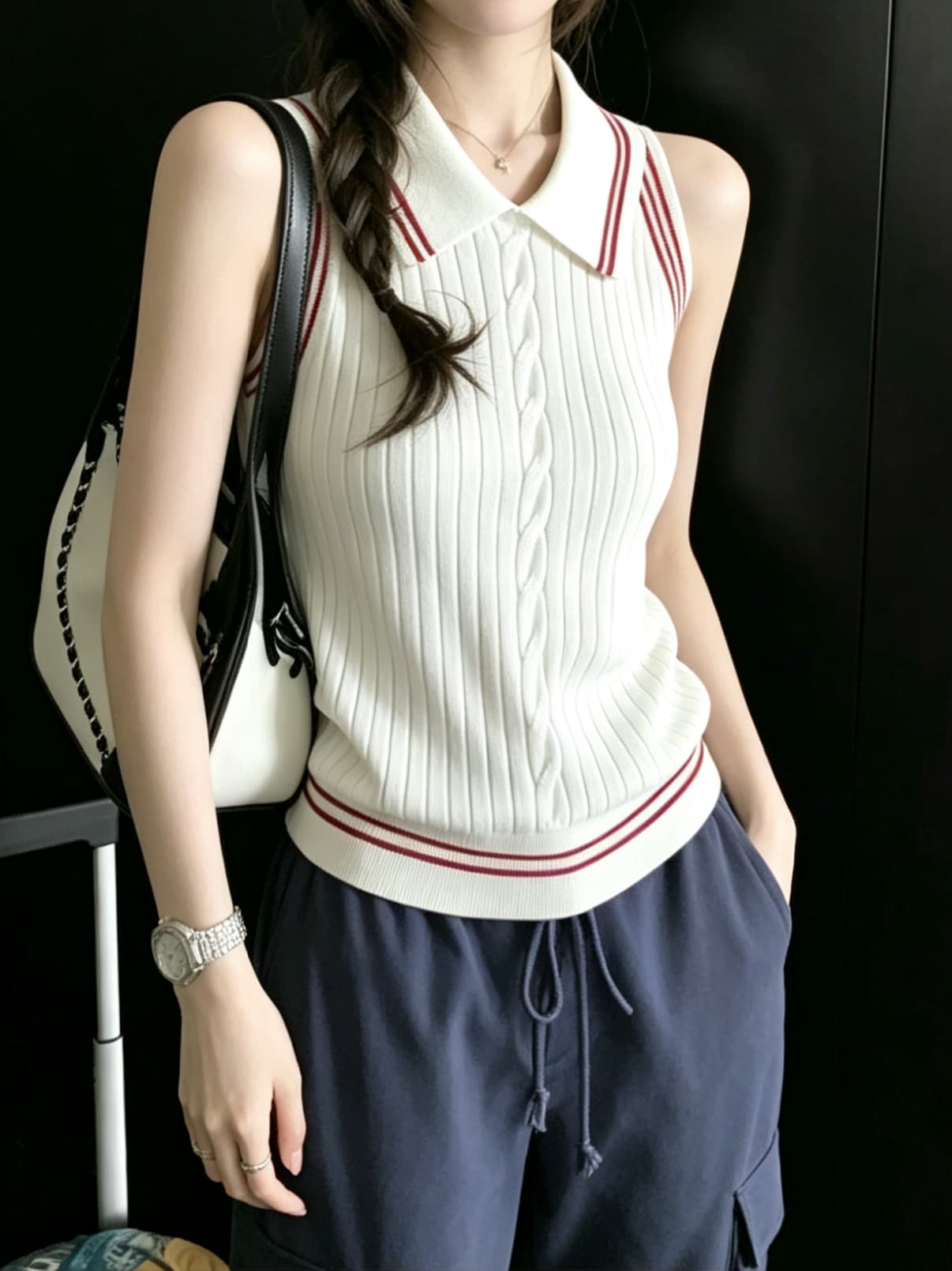 실사 정가 디자인 센스 레트로 꽈배기 배색 스트라이프 POLO 칼라 민소매 조끼 여성 여름 슬림해 보이는 맨위 상세 이미지 8