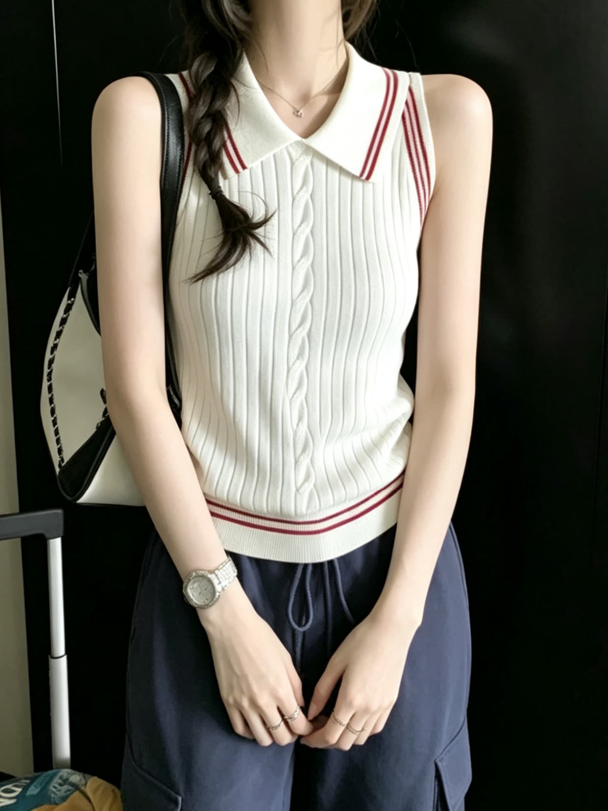 실사 정가 디자인 센스 레트로 꽈배기 배색 스트라이프 POLO 칼라 민소매 조끼 여성 여름 슬림해 보이는 맨위 상세 이미지 9