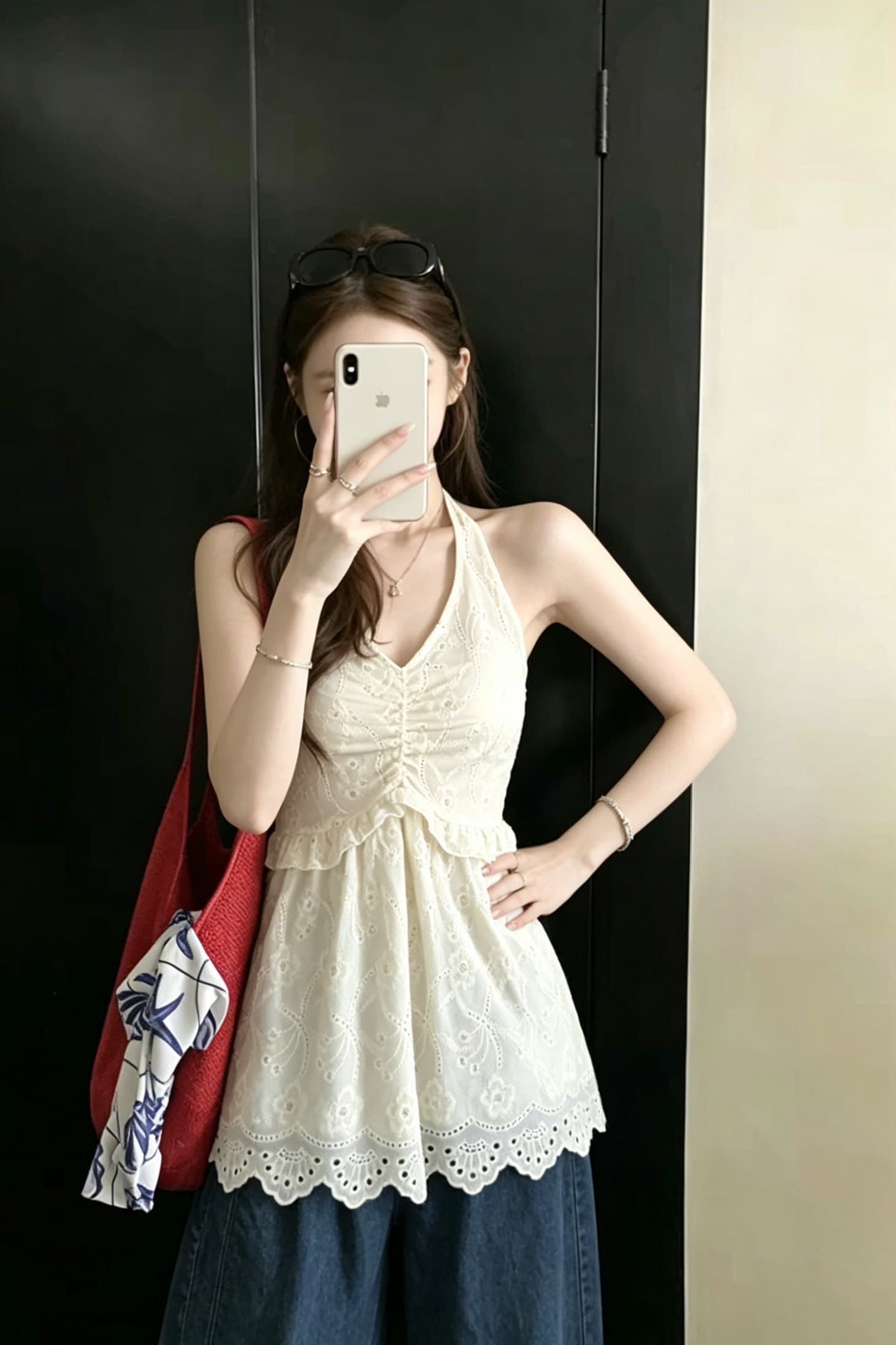 실사 정가 프릴 홀로우 아웃 자수 행침 목 레이스업 조끼 여성 섹시함 백리스 플리츠 루즈핏 맨위 이미지 5