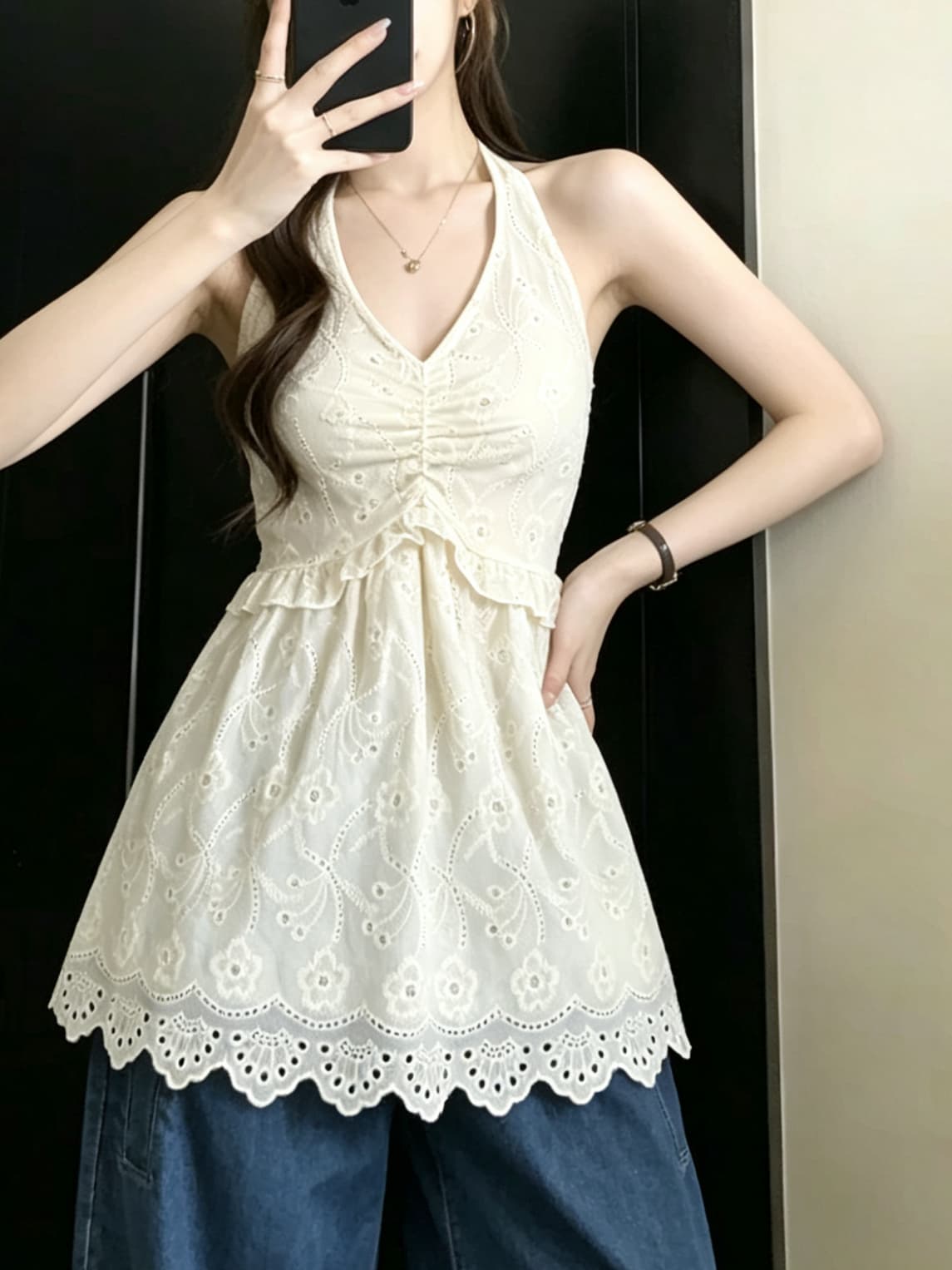 실사 정가 프릴 홀로우 아웃 자수 행침 목 레이스업 조끼 여성 섹시함 백리스 플리츠 루즈핏 맨위 상세 이미지 3