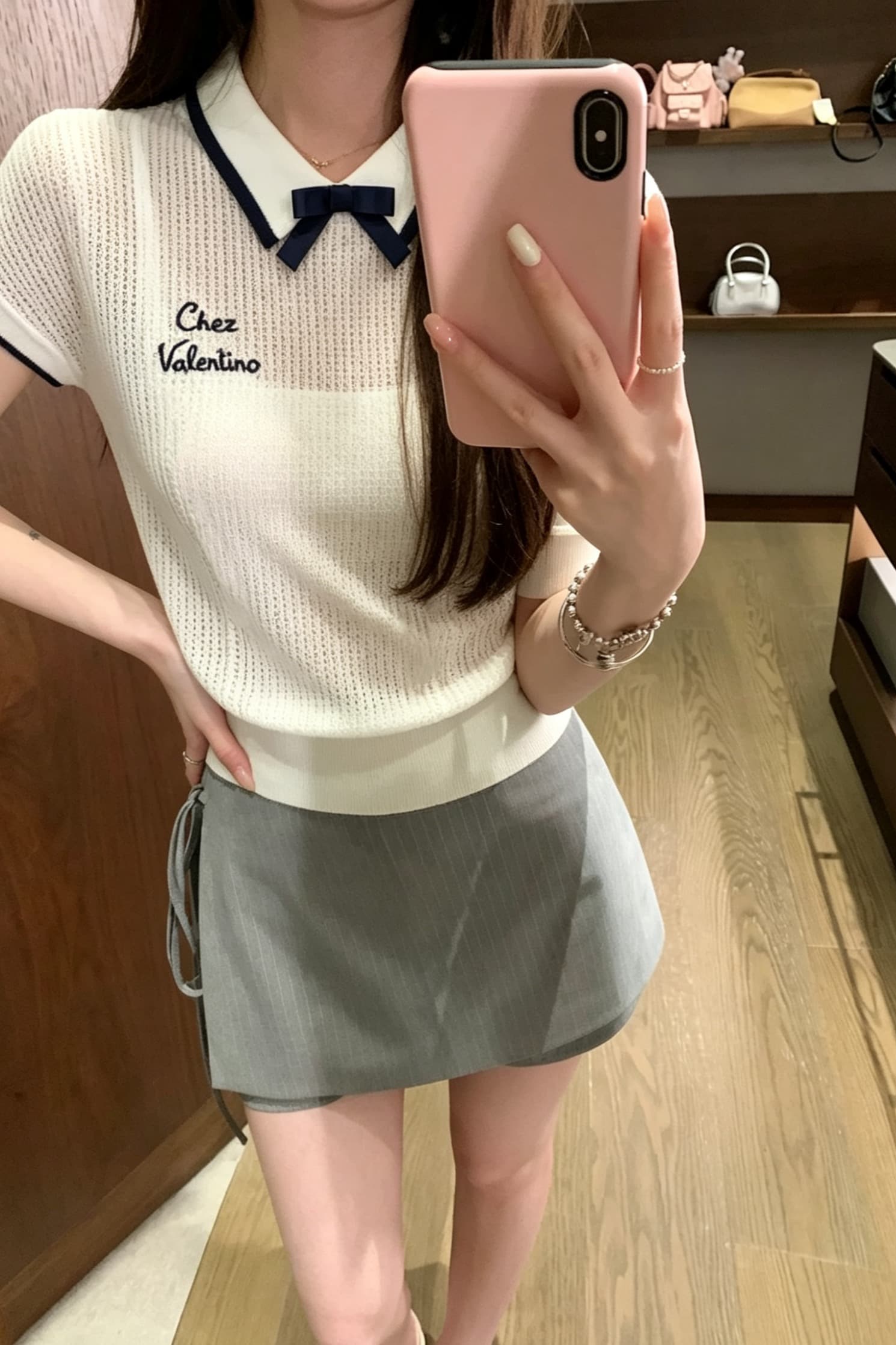 실사 정가 회색 POLO 칼라 나비 매듭 반팔 니트 스웨터 티셔츠 여성 여름 몸매 가꾸기 슬림해 보이는 맨위 이미지 5