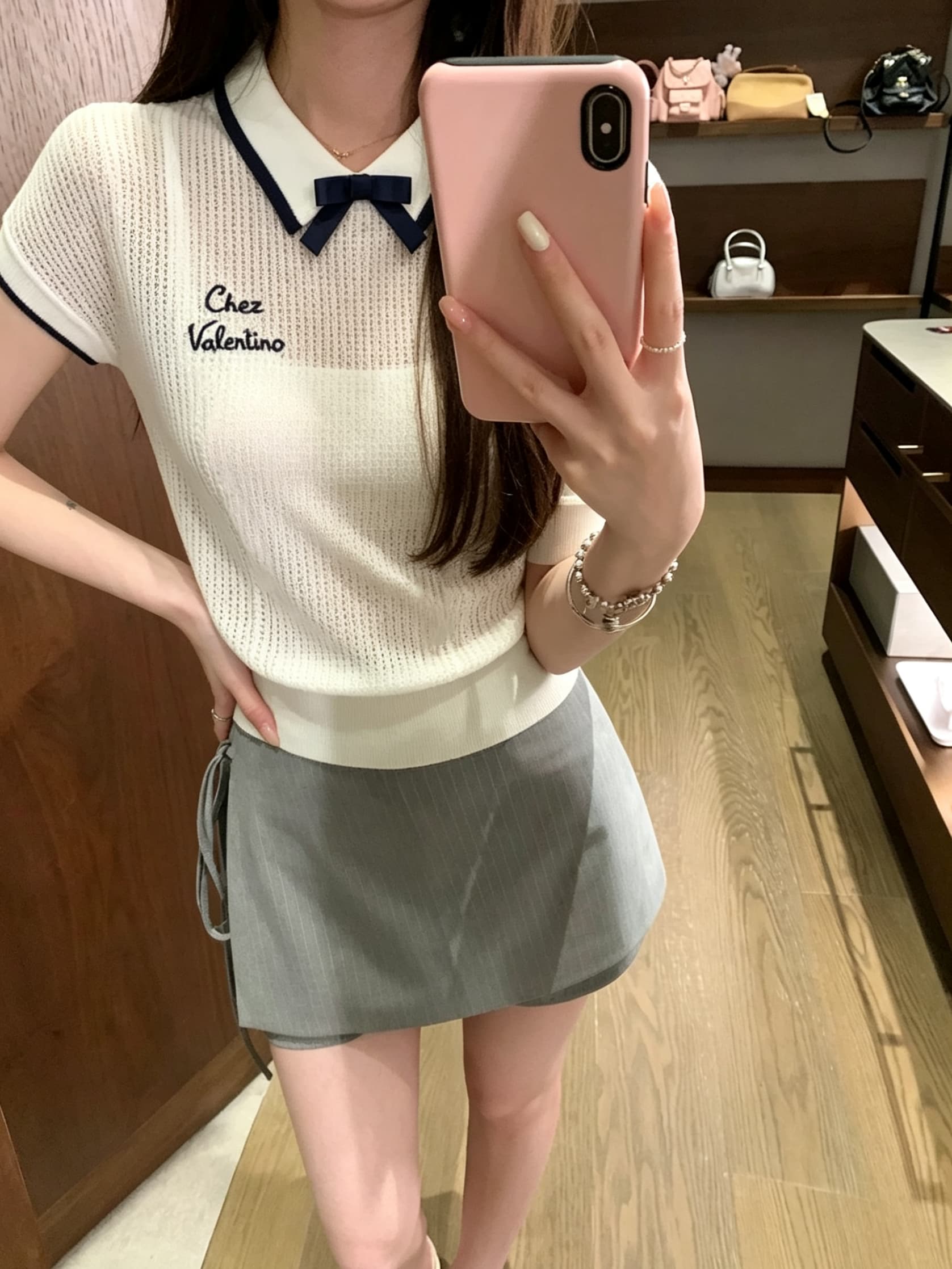 실사 정가 회색 POLO 칼라 나비 매듭 반팔 니트 스웨터 티셔츠 여성 여름 몸매 가꾸기 슬림해 보이는 맨위 상세 이미지 2