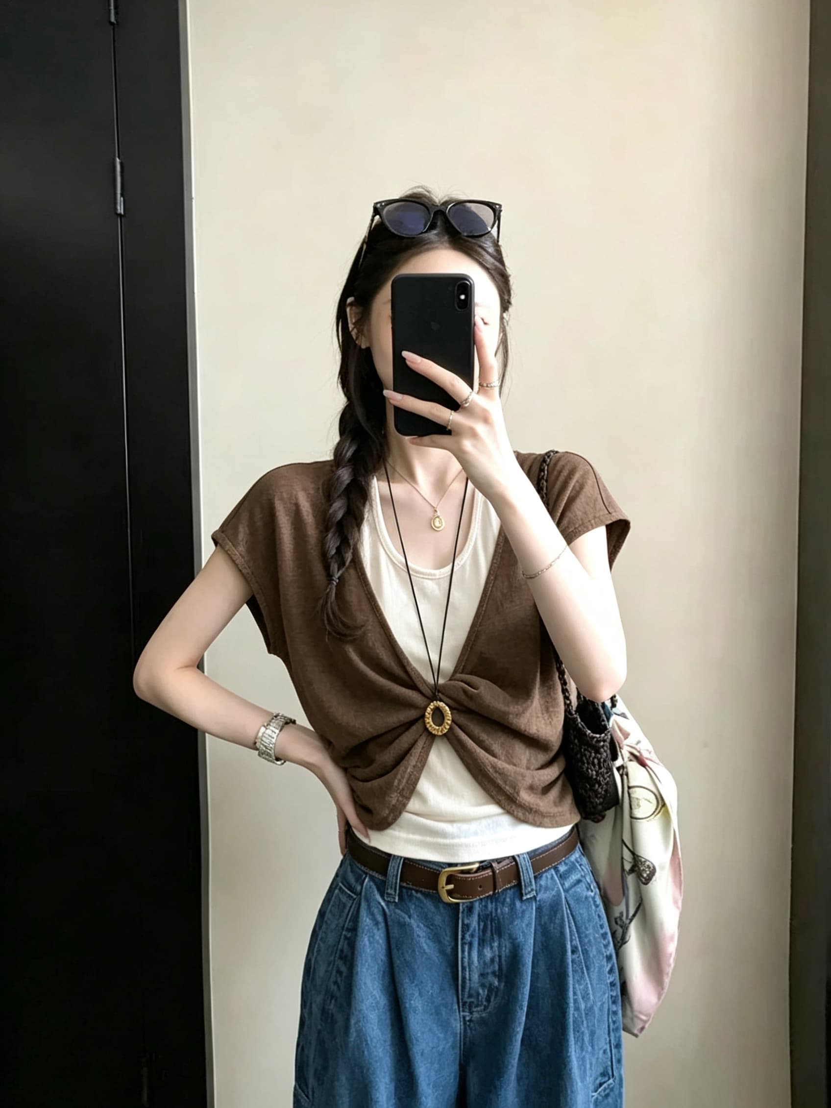 실사 정가 패치워크 페이크 레이어드 한 부서 연령 감소 레트로 비틀림 행침 목 티셔츠 다용도 맨위 경기 목걸이