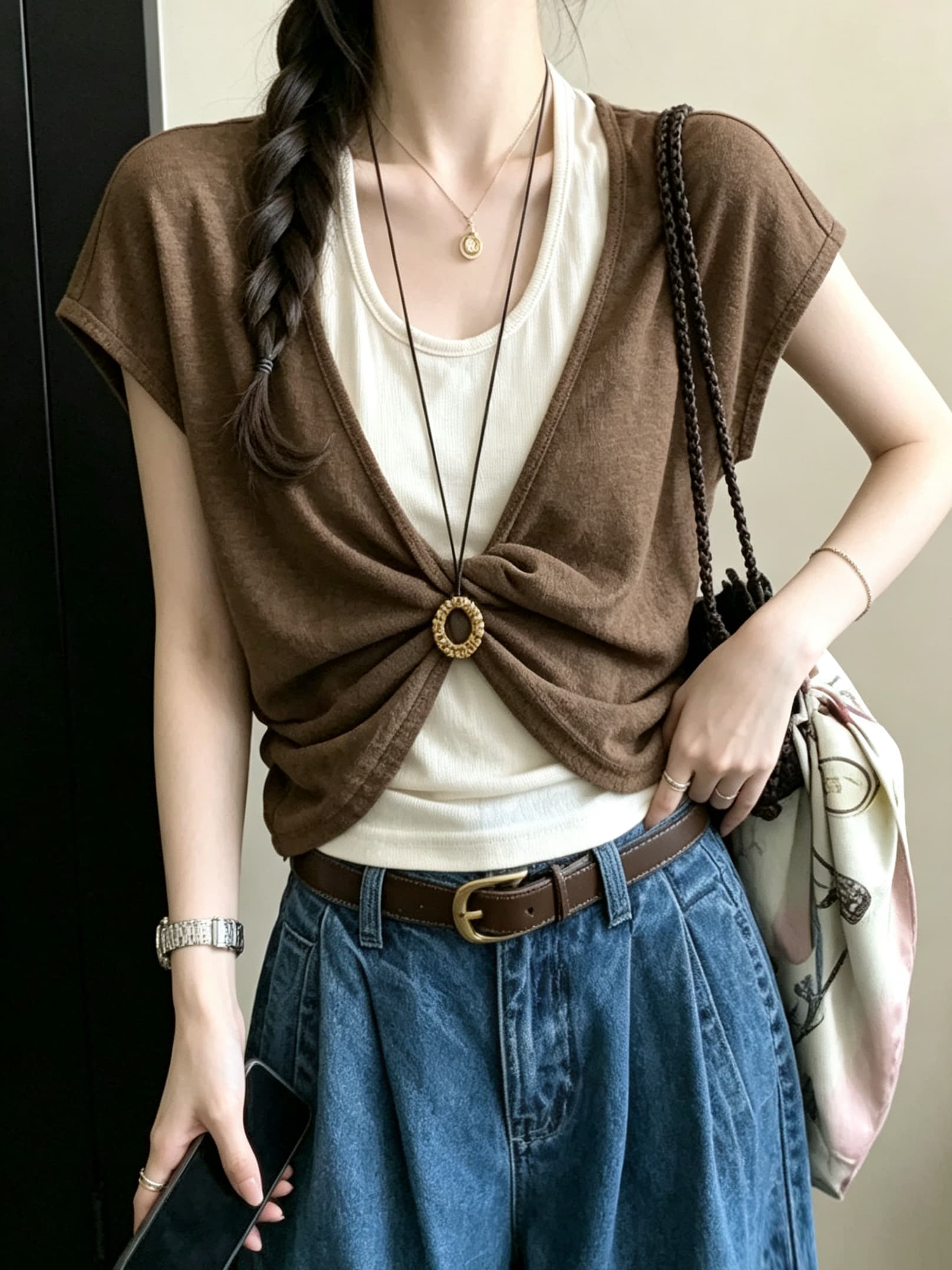 실사 정가 패치워크 페이크 레이어드 한 부서 연령 감소 레트로 비틀림 행침 목 티셔츠 다용도 맨위 경기 목걸이 상세 이미지 2