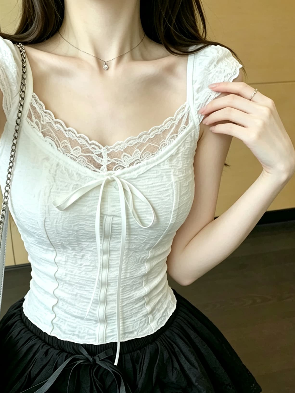 실사 정가 프랑스식 레이스 핫걸 반팔 여성 셔츠 V넥 쇄골 작은 대중 쇼트 스타일 몸매 가꾸기 맨위 상세 이미지 5