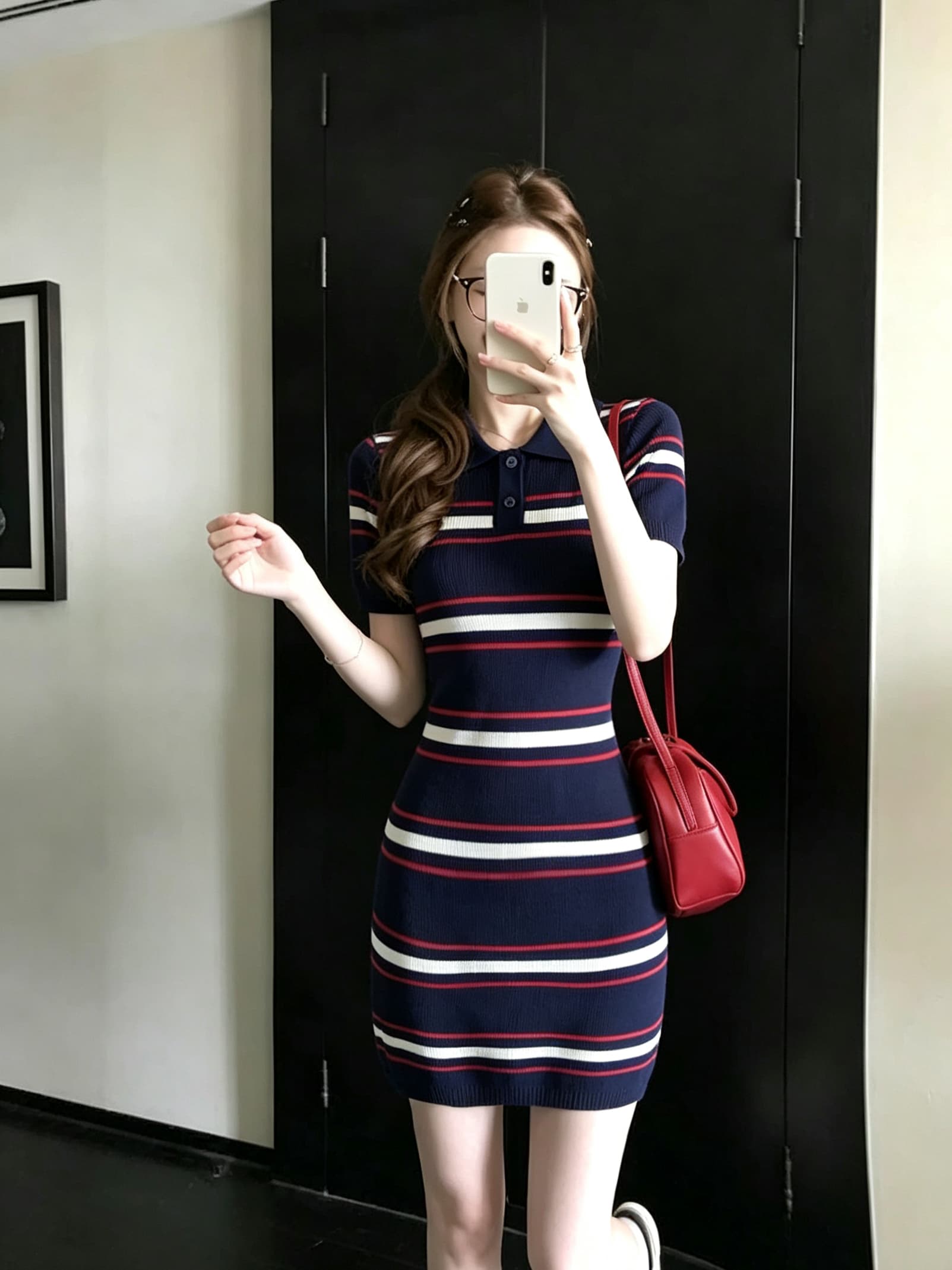 실사 정가 스트라이프 polo 여성 드레스 여름 작은 키 디자인 센스 작은 대중 허리 수축 치마