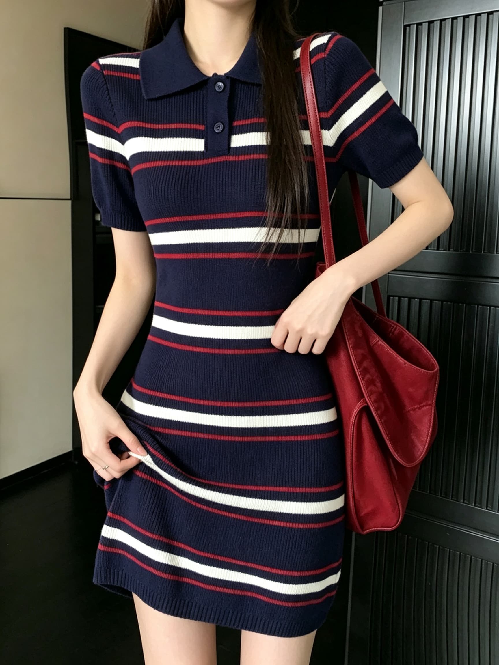 실사 정가 스트라이프 polo 여성 드레스 여름 작은 키 디자인 센스 작은 대중 허리 수축 치마 이미지 3