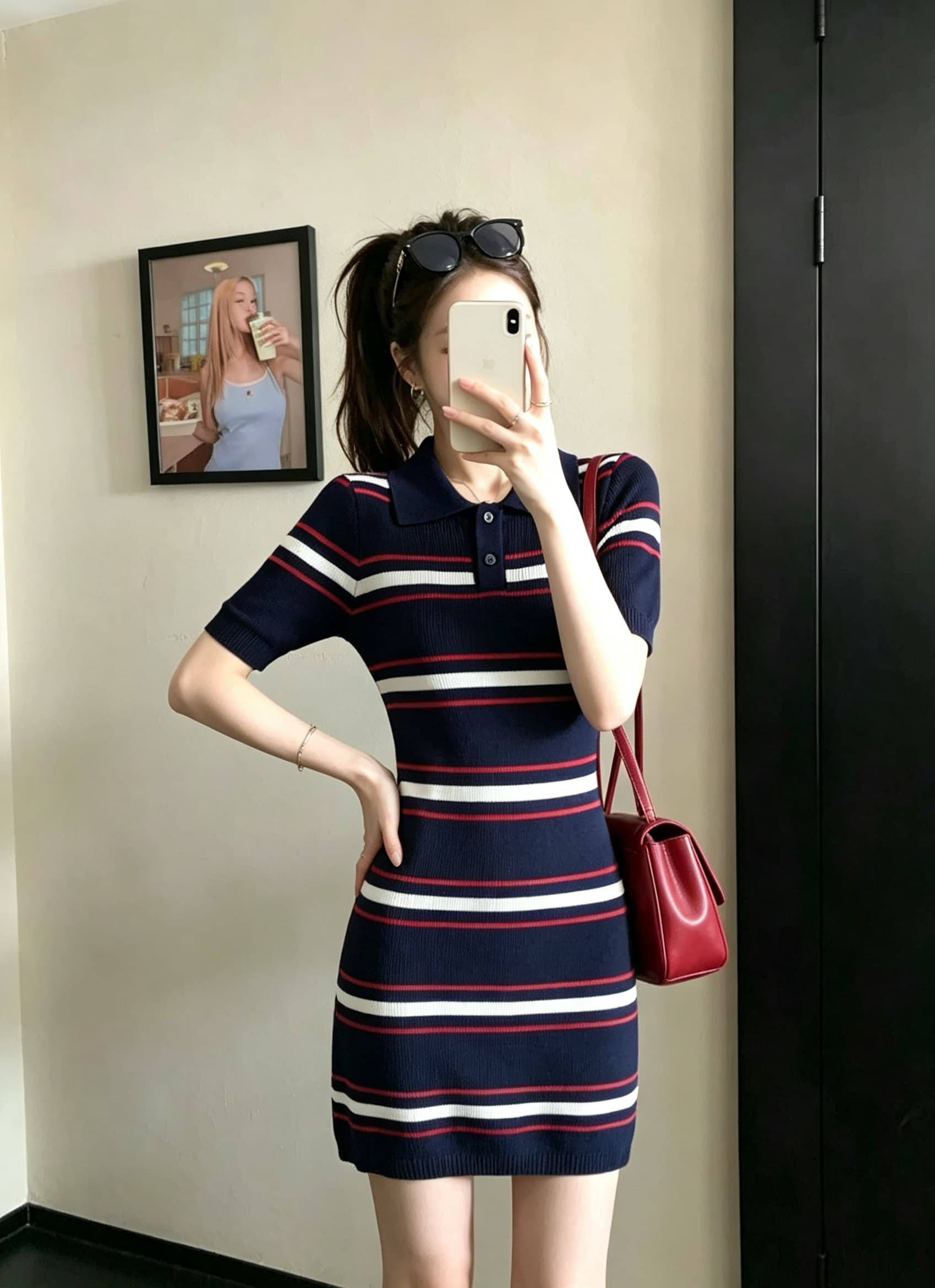 실사 정가 스트라이프 polo 여성 드레스 여름 작은 키 디자인 센스 작은 대중 허리 수축 치마 이미지 4