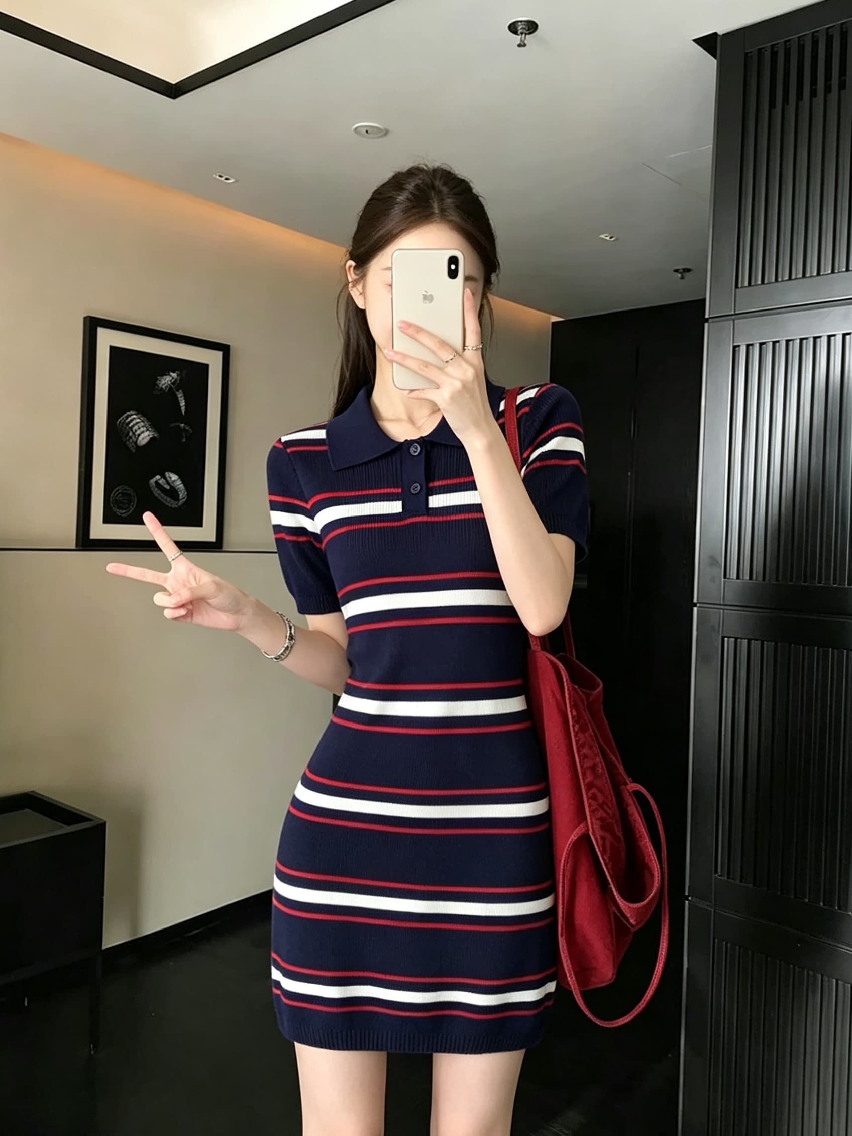 실사 정가 스트라이프 polo 여성 드레스 여름 작은 키 디자인 센스 작은 대중 허리 수축 치마 상세 이미지 4