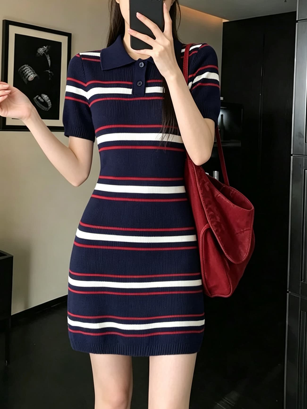 실사 정가 스트라이프 polo 여성 드레스 여름 작은 키 디자인 센스 작은 대중 허리 수축 치마 상세 이미지 5