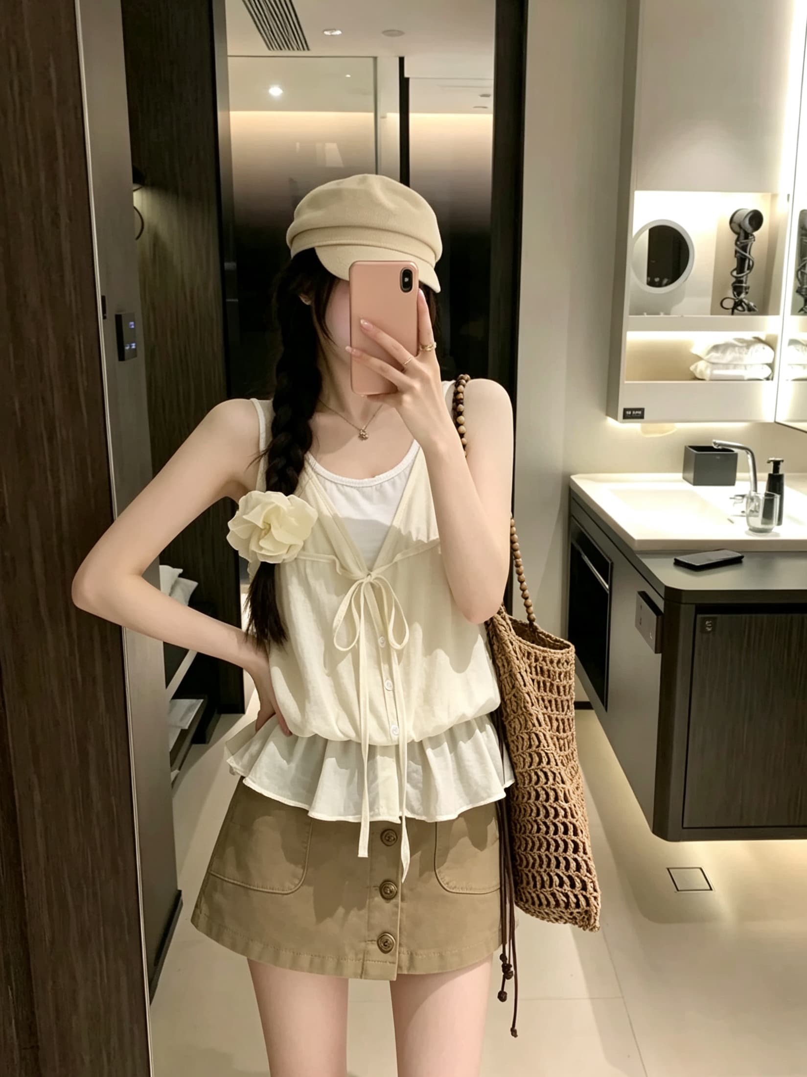 실사 정가 서리가 내린 부서 페이크 레이어드 행침 목 레이스업 조끼 여성 여름 프릴 허리 수축 작은 맨위 이미지 2