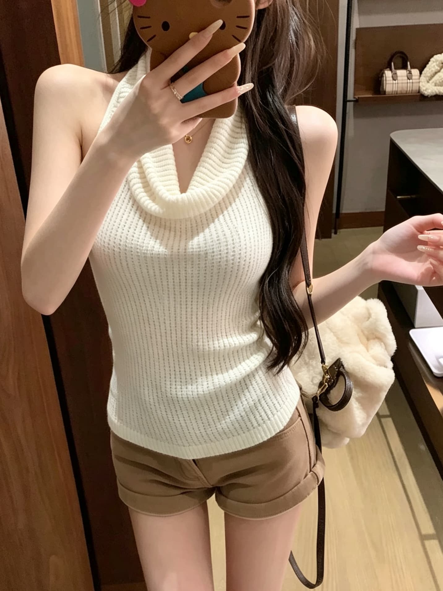 실사 정가 흔들다 칼라 행침 목 캐미솔 여름 아름다움 뒤로 디자인 센스 여름 민소매 백리스 외출용 맨위 이미지 3