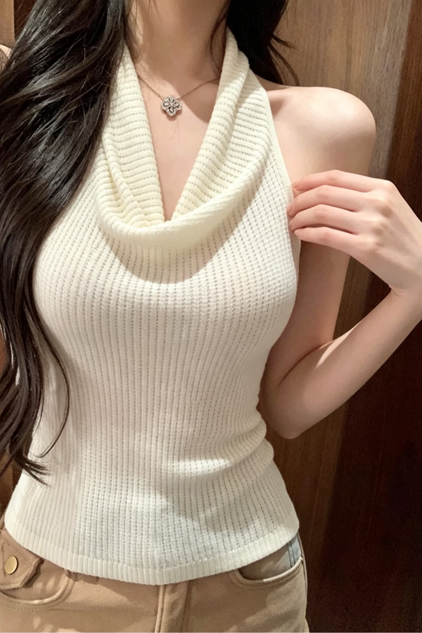 실사 정가 흔들다 칼라 행침 목 캐미솔 여름 아름다움 뒤로 디자인 센스 여름 민소매 백리스 외출용 맨위 이미지 5