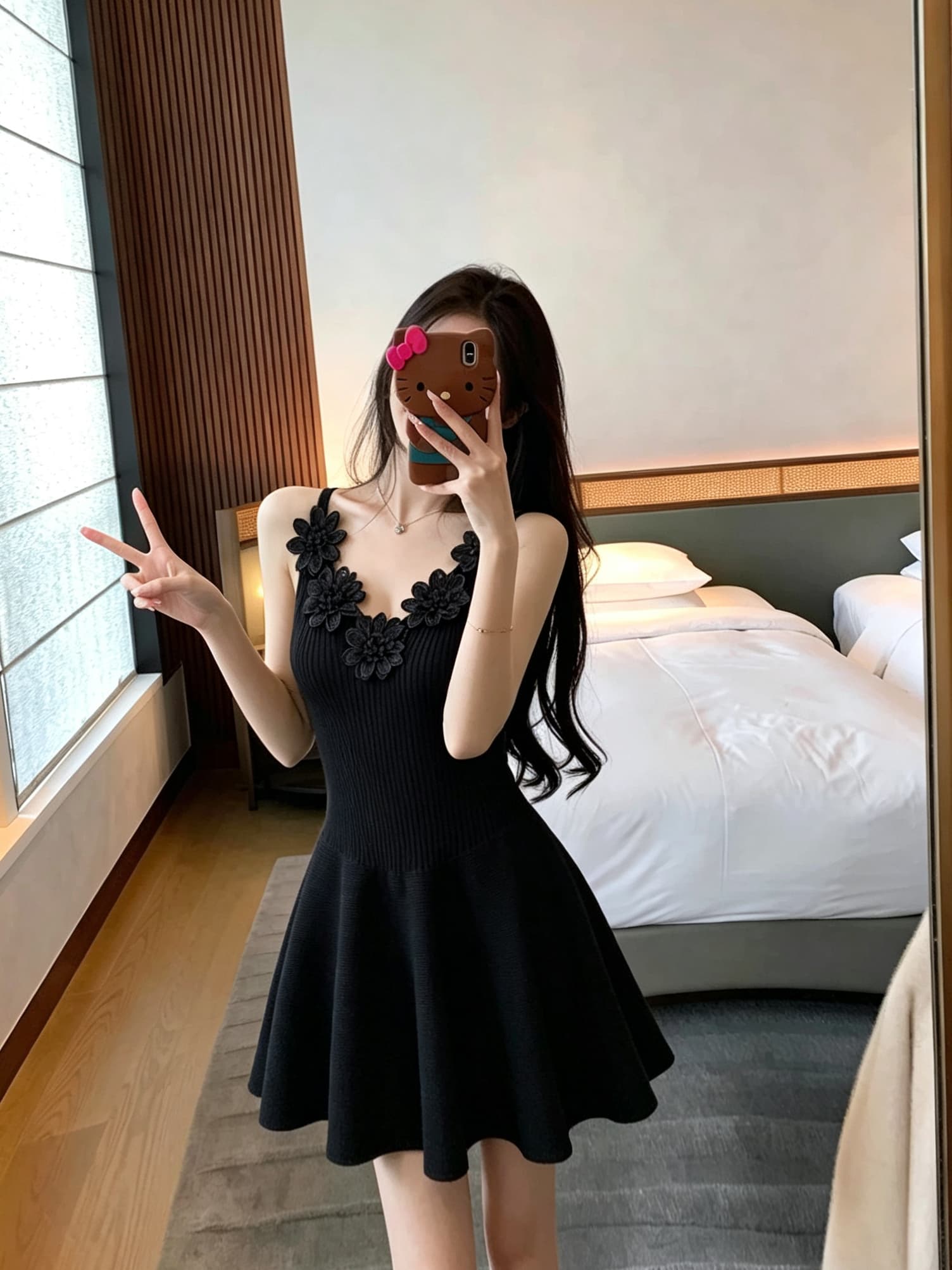 실사 정가 V넥 3 차원 꽃 슬립 여성 드레스 여름 몸매 가꾸기 슬림해 보이는 니트 원피스 디자인 센스 상세 이미지 11