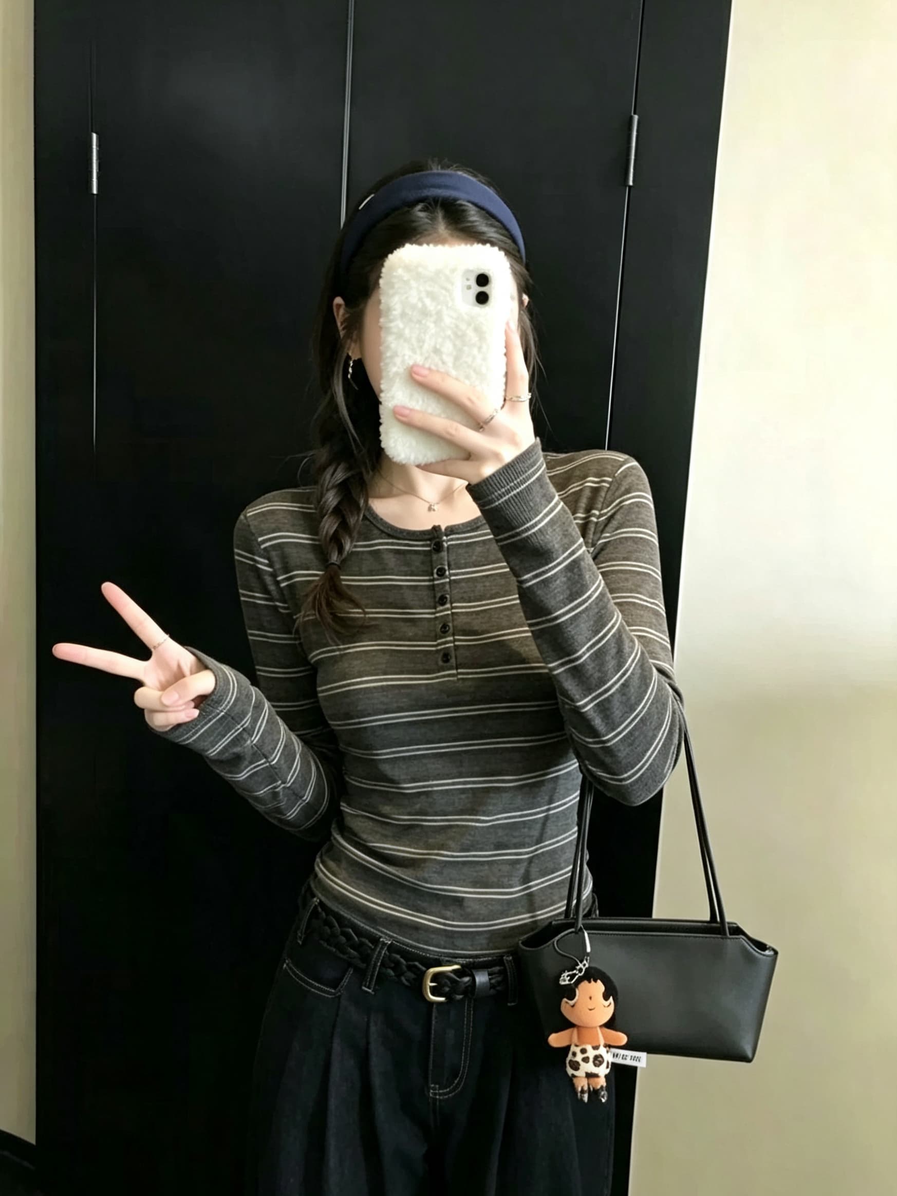 실사 정가 가을 스트라이프 단추 u 칼라 긴팔 티셔츠 작은 셔츠 여성 배색 몸매 가꾸기 슬림해 보이는 맨위 이미지 2