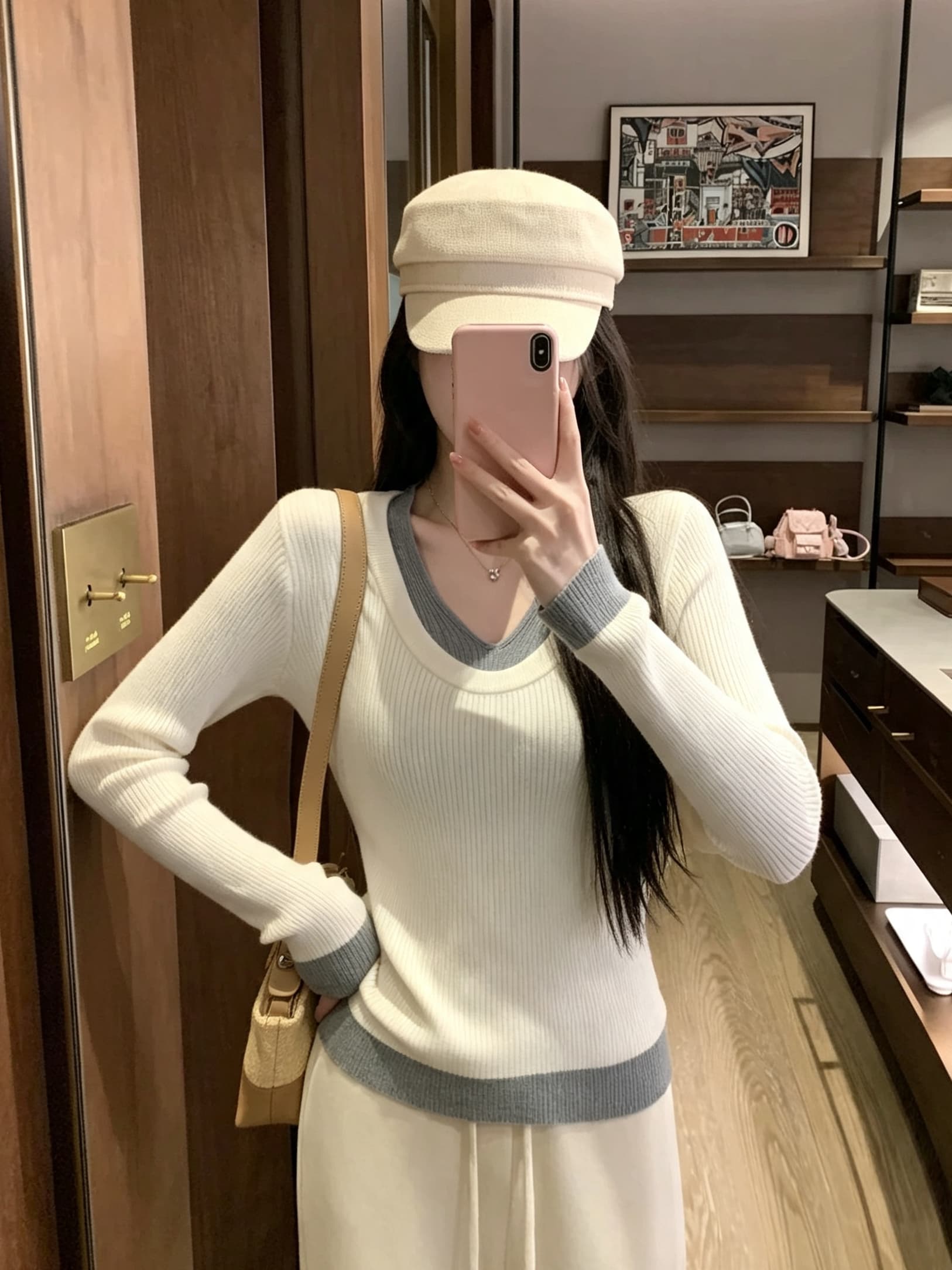 실사 정가 한 부서 페이크 레이어드 V넥 긴팔 니트 스웨터 여성 봄 가을 몸매 가꾸기 슬림해 보이는 레트로 작은 맨위 상세 이미지 6