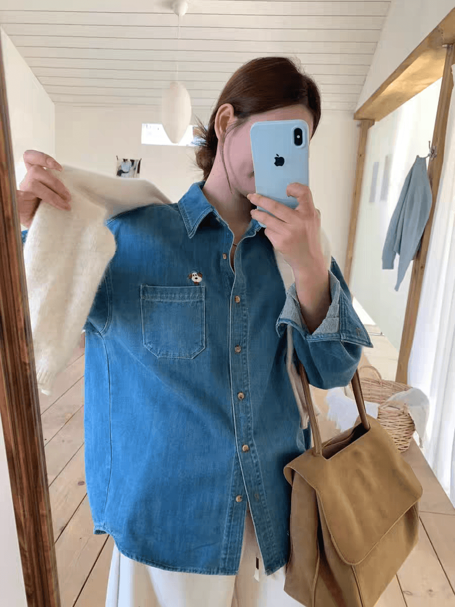 레트로 자수 강아지 데님 셔츠 여성 의류 긴팔 루즈핏 다용도 봄 상세 이미지 2