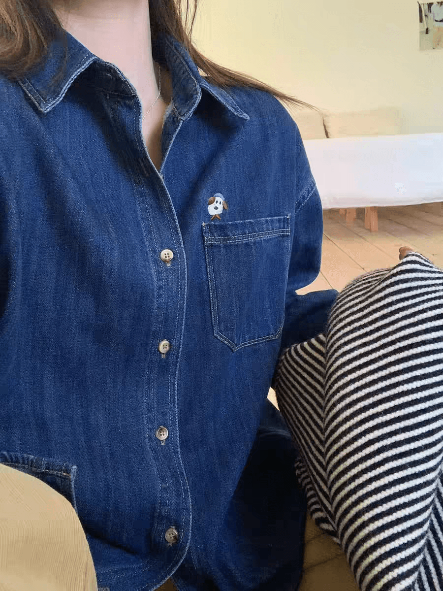 레트로 자수 강아지 데님 셔츠 여성 의류 긴팔 루즈핏 다용도 봄 상세 이미지 3