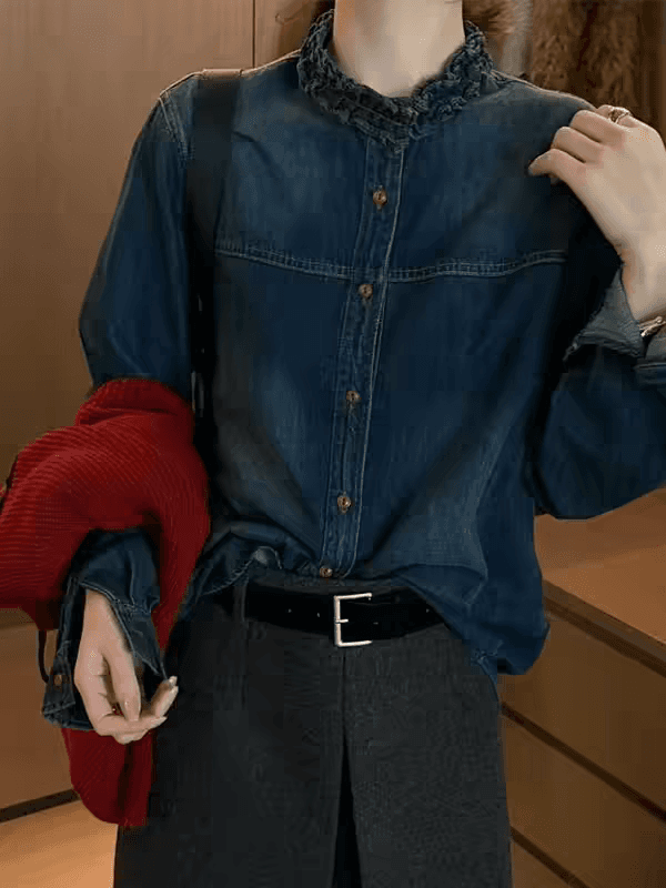한 스타일 목이버섯 레이스 칼라 패션 다용도 데님 여성 셔츠 새로운 긴팔 싱글 줄 버튼 맨위 연령 감소 작은 셔츠 트렌디